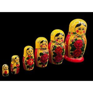 Hand-Painted Set Of 6 Wooden Russian Matryoshka Nesting Dolls With Floral Design